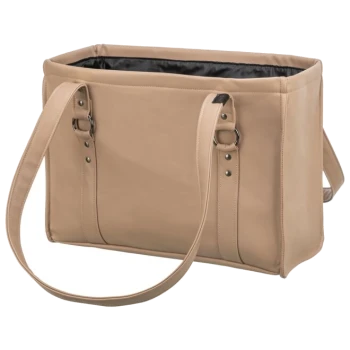 Beige Haustiertragetasche mit schwarzem Innenraum, mit zwei stabilen Griffen und einem geräumigen Design zum Transport von Haustieren.