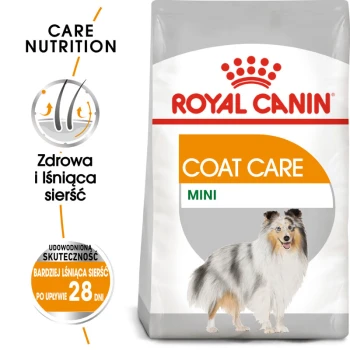 Torba karmy dla psów Royal Canin Coat Care Mini z ilustracją uśmiechniętego psa, z tekstem podkreślającym odżywianie i korzyści dla zdrowej sierści.