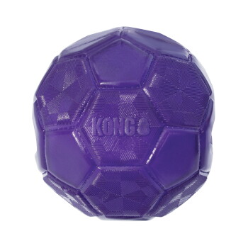 Balle jouet pour chien en caoutchouc texturé violette avec panneaux hexagonaux et logo KONG en relief.
