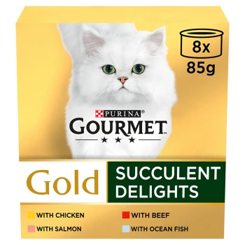 Purina Gourmet Gold Succulent Delights cat food packaging featuring a white cat, with flavors: chicken, salmon, beef, and ocean fish.