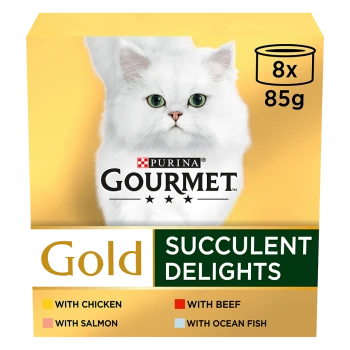 Purina Gourmet Gold Succulent Delights cat food packaging featuring a white cat, with flavors: chicken, salmon, beef, and ocean fish.