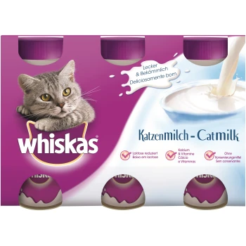 Katzenmilch 6x200ml Whiskas Katzenmilchverpackung mit einer grauen Katze, mit Text, der 'Lecker & Bekömmlich', 'Katzenmilch - Catmilk' und ernährungsphysiologische Vorteile hervorhebt.