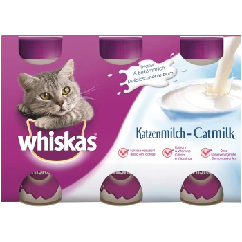 Whiskas cat milk packaging featuring a gray cat, with text highlighting "Lecker & Bekömmlich," "Katzenmilch - Catmilk," and nutritional benefits.