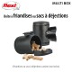 Conteneur noir multi-usages pour friandises pour chiens ou sacs à déchets, avec des friandises en forme de chien qui débordent, étiqueté "flexi" en haut.