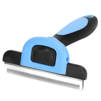 Tierpflegewerkzeug mit einem blauen und schwarzen ergonomischen Griff und einer Klinge aus rostfreiem Stahl zum Entfernen von losem Fell.