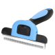 Tierpflegewerkzeug mit einem blauen und schwarzen ergonomischen Griff und einer Klinge aus rostfreiem Stahl zum Entfernen von losem Fell.