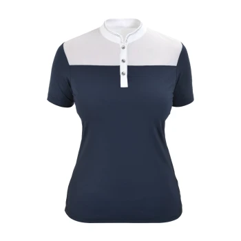 Marineblaues Poloshirt mit einem weißen Kragen und drei dekorativen Knöpfen, mit einem stilvollen Design, das sich für Freizeitkleidung eignet.