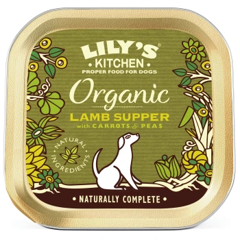 Lily's Kitchen Organic Lamb Supper pour chiens, avec un design floral et une illustration de chien, étiqueté "Ingrédients naturels" et "Naturellement complet."