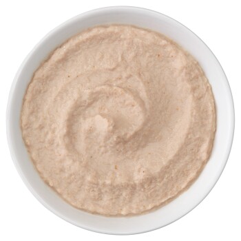 White bowl filled with creamy beige wet pet food with a smooth, slightly textured surface.