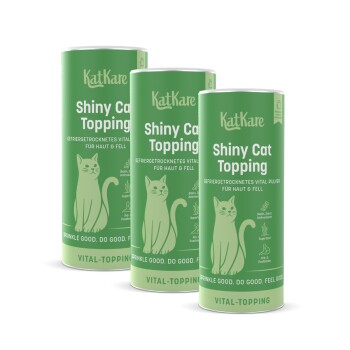 Drei grüne KatKare 'Shiny Cat Topping'-Zylinder mit Katzenillustration, beschriftet mit 'VITAL-TOPPING'.