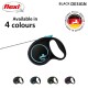 Black flexi retractable dog leash with turquoise accents, labeled "Available in 4 colours," featuring a logo and "Made in Germany."