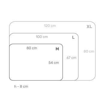 Größentabelle für Haustierbetten mit Abmessungen für XL (120 cm), L (100 cm), M (80 cm) und S (54 cm), mit einer Höhe von 8 cm.