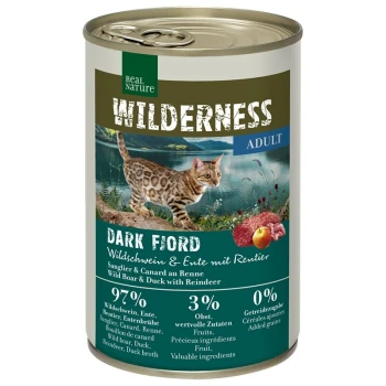 A can of Real Nature Wilderness cat food labeled "Dark Fjord," featuring a Bengal cat, with 97% wild boar and duck, 3% fruit, and 0% added grains.