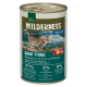 Eine Dose Real Nature Wilderness Katzenfutter mit der Aufschrift "Dark Fjord," mit einer Bengal-Katze, 97% Wildschwein und Ente, 3% Obst und 0% zugesetzten Getreide.