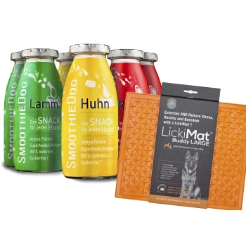 Vier bunte Smoothie-Flaschen mit den Aufschriften "Lamm," "Huhn," und "Rind" neben einem orangefarbenen LickiMat Buddy LARGE, die Haustiersnacks bewerben.