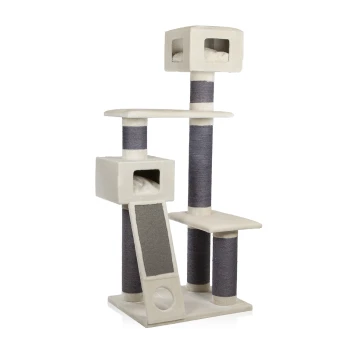 Katzenbaum mit mehreren Ebenen, Kratzpfosten und gemütlichen Verstecken in sanften Beige- und Grautönen.