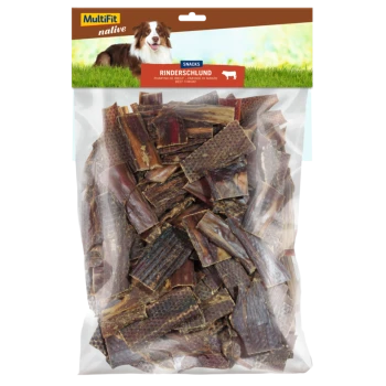 Clear plastic bag of beef throat snacks for dogs, labeled "MultiFit native Snacks Rinderschlund," featuring a dog image.