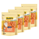 Vier Pakete MultiFit Katzensnacks mit einer Katze auf der Vorderseite, beschriftet mit "Huhn mit Shrimps," jeweils 50 g.