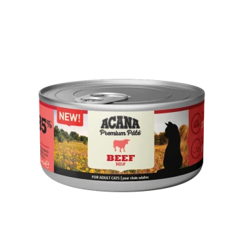 ACANA Premium Pâté Rind Katzenfutterdose, mit einer Silhouette einer Katze, mit 'NEU!' und '85% Rind' deutlich angezeigt.
