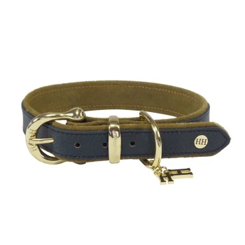 Halsband Sattelleder Basic blau XXL Ein stilvoller marineblauer Hundehalsband mit einem weichen Wildlederinnenfutter, mit goldenen Beschlägen und einem Anhänger mit den Initialen 'HH.'