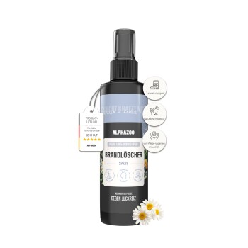 Eine schwarze Sprühflasche mit der Aufschrift "ALPHAZOO Beauty" mit dem Produktnamen "BRANDLÖSCHER" für Haut- und Fellpflege, mit Kamille und Ringelblume, 500ml.