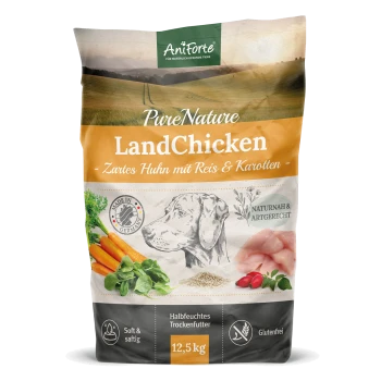 AniForte PureNature LandHuhn Hundefutterbeutel (12,5 kg) mit Hundillustration, mit "Zartes Huhn mit Reis & Karotten," glutenfrei.