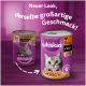 Whiskas kattenvoerblikken met een nieuw ontwerp, met de tekst '1+ Jahre mit Geflügel in Sauce' en '100% vollständig & ausgewogen.'