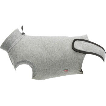 Light gray heather dog sweater with turtleneck, black-trim adjustable belly strap and small red "TRIXIE" tag