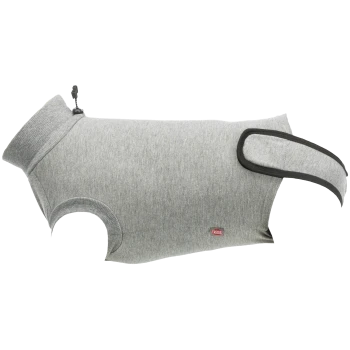 Light gray heather dog sweater with turtleneck, black-trim adjustable belly strap and small red "TRIXIE" tag