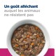 Bol de nourriture pour animaux de compagnie avec des morceaux de viande, des carottes et des céréales, avec le texte "Un goût alléchant auquel les animaux ne résistent pas."