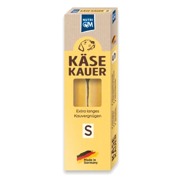 Nutri QM 'Käse Kauer' Hundekauknochen-Box, Sichtfenster mit zwei Käse-Sticks, Aufschrift 'Extra langes Kauvergnügen', Größe S, Hergestellt in Deutschland