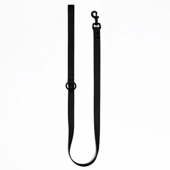 Cityleine Biothane Khaki schwarz Schwarze Hundeleine mit einem Clip an einem Ende und einem Ring zur Anpassung, auf einem weißen Hintergrund ausgestellt.