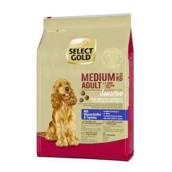 Select Gold Medium Adult dog food bag, 11-25 kg, labeled "Sensitive" with ingredients including buffalo and tapioca.