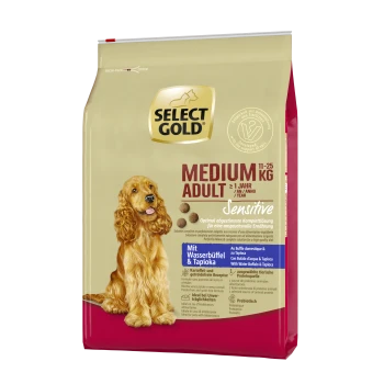 Select Gold Medium Hundefutterbeutel, 11-25 kg, gekennzeichnet mit "Sensibel" und Zutaten wie Büffel und Tapioka.