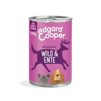 Dose mit Edgard Cooper Hundefutter, 400g, mit einem lila Etikett mit "Getreidefrei" und "WILD & ENTE" sowie Illustrationen eines Hundes und eines Rehs.