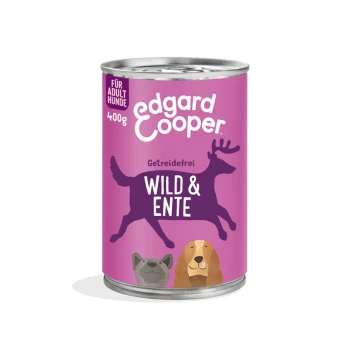 Dose mit Edgard Cooper Hundefutter, 400g, mit einem lila Etikett mit "Getreidefrei" und "WILD & ENTE" sowie Illustrationen eines Hundes und eines Rehs.