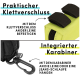 Bild eines Haustierzubehörs mit einem praktischen Klettverschluss und einem integrierten Karabiner. Der Text hebt die Gebrauchsanweisung auf Deutsch hervor.