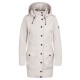 Helle beige Damenparka-Jacke mit Kapuze, ausgestattet mit schwarzen Knöpfen, zwei Fronttaschen und dekorativen Schulterriemen.
