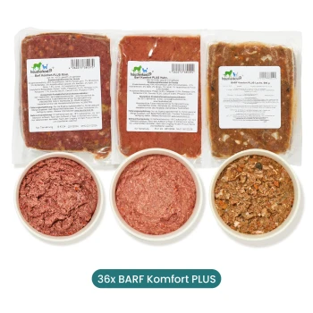 Drei Pakete BARF Komfort PLUS Haustierfutter (Rind, Huhn, Lachs) neben drei Schalen mit rohem Haustierfutter, beschriftet mit '36x BARF Komfort PLUS.'