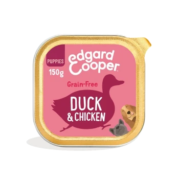 Nourriture pour chiots sans céréales Edgard Cooper dans un contenant de 150g, avec une étiquette rose et un graphique de canard et le texte "Duck & Chicken."