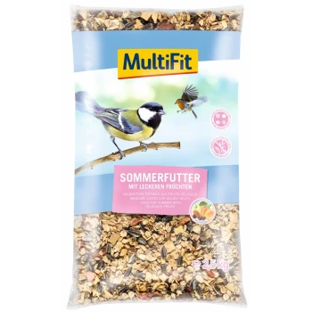 Un sac de 25 kg de nourriture pour oiseaux MultiFit d'été, présentant une mésange et un rouge-gorge, étiqueté "Sommerfutter mit leckeren Früchten."