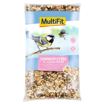 A 25 kg bag of MultiFit summer bird food, featuring a great tit and robin, labeled "Sommerfutter mit leckeren Früchten."
