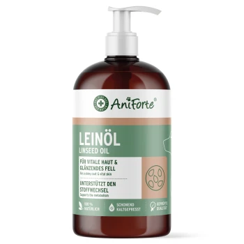 AniForte Leinöl-Pumpflasche mit Aufschrift 'LEINÖL / LINSEED OIL' für glänzendes Fell und vitale Haut, braune Flasche mit grün-weißem Etikett.