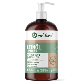 AniForte Leinöl-Pumpflasche mit Aufschrift 'LEINÖL / LINSEED OIL' für glänzendes Fell und vitale Haut, braune Flasche mit grün-weißem Etikett.