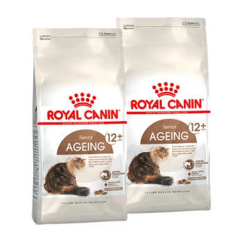 Torby z karmą dla kotów Royal Canin Senior Ageing dla kotów powyżej 12 lat, z brązowo-białym wzorem z obrazem kota i roszczeniami żywieniowymi.