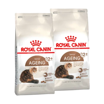 Torby z karmą dla kotów Royal Canin Senior Ageing dla kotów powyżej 12 lat, z brązowo-białym wzorem z obrazem kota i roszczeniami żywieniowymi.