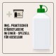 Weiße Flasche mit grünem Deckel, beschriftet mit "Inkl. praktischer Stäubefflasche im Eimer - speziell für Kieselgur."