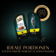 Doppelpack Sheba Perfect Portions Katzenfutter mit einem Teller Nassfutter und grauer Katze, 37,5 g Portionen, Text 'Ideale Portionen.'