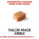 Croquettes sur mesure pour teckels, présentant une illustration d'un morceau de croquette unique avec du texte en français au-dessus et en dessous.