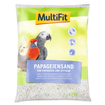 Eine Tüte MultiFit Papageiensand mit bunten Papageienbildern und dem Text: "Papageiensand für Papageien und Sittiche."